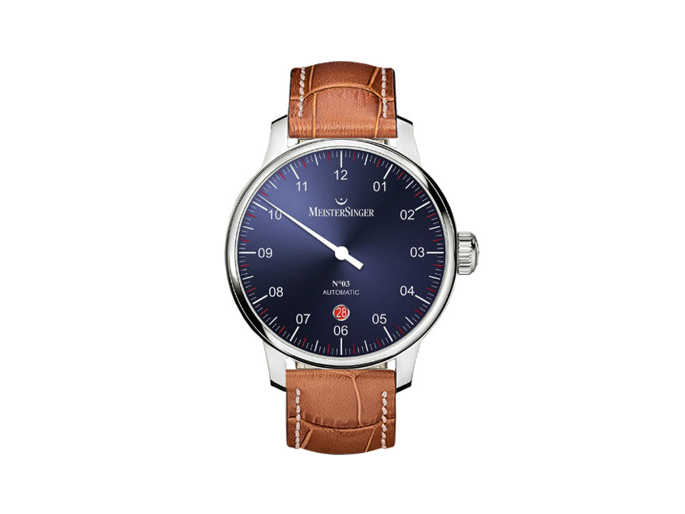 Reloj Automático Meistersinger N3 - 40 mm, Azul, 40mm, Cognac, Día, DM908-SG03