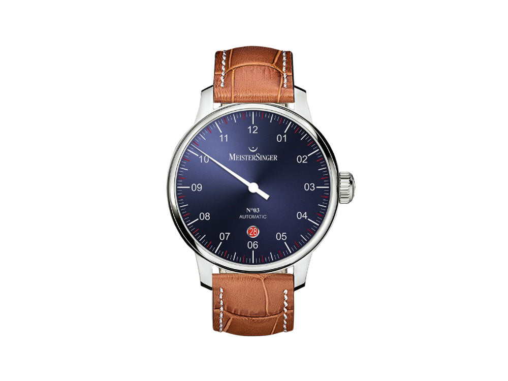 Reloj Automático Meistersinger N3 - 40 mm, Azul, 40mm, Cognac, Día, DM908-SG03W