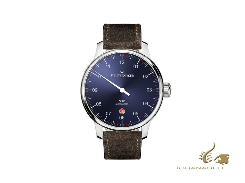 Reloj Automático Meistersinger N3 - 40 mm, Azul, 40mm, Cognac, Día, DM908-SV02