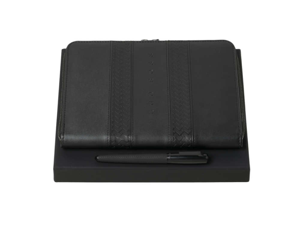 Set Hugo Boss Pure Tire Roller, Carpeta de conferencias A5, Negro, HPMR902