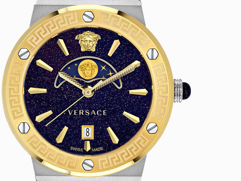 Reloj de Cuarzo Versace Greca Logo Moonphase, PVD Oro, Azul, 38 mm, VE7G00223