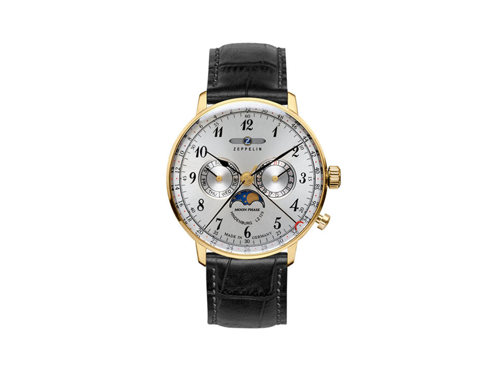 Reloj de Cuarzo Zeppelin LZ 129 Hindenburg Moonphase, PVD Oro, 40 mm, 7038-1